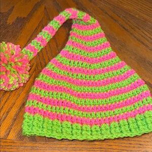 Vibrant Pink and Green‎ Striped Kids Knit Hat